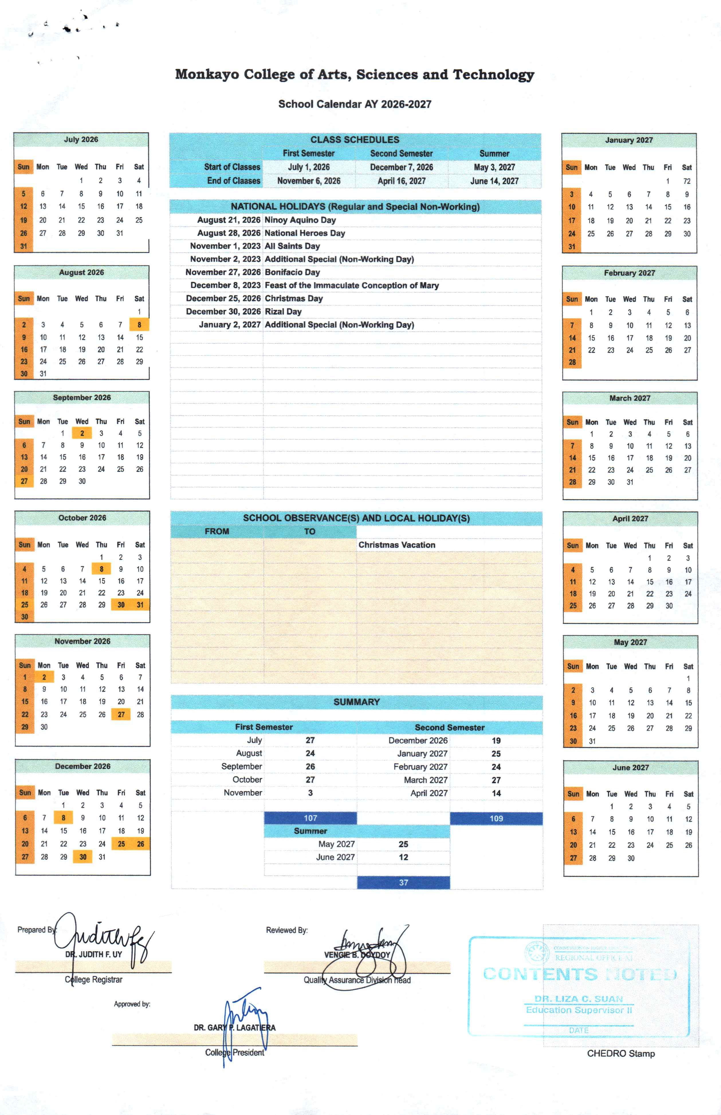 MonCAST Calendar of Activities 2026-2027